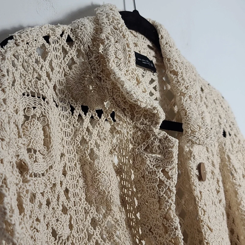 ZARA Open Crochet Cream Button Up Cardigan Shacket Coat Size Large - Picture 8 of 15